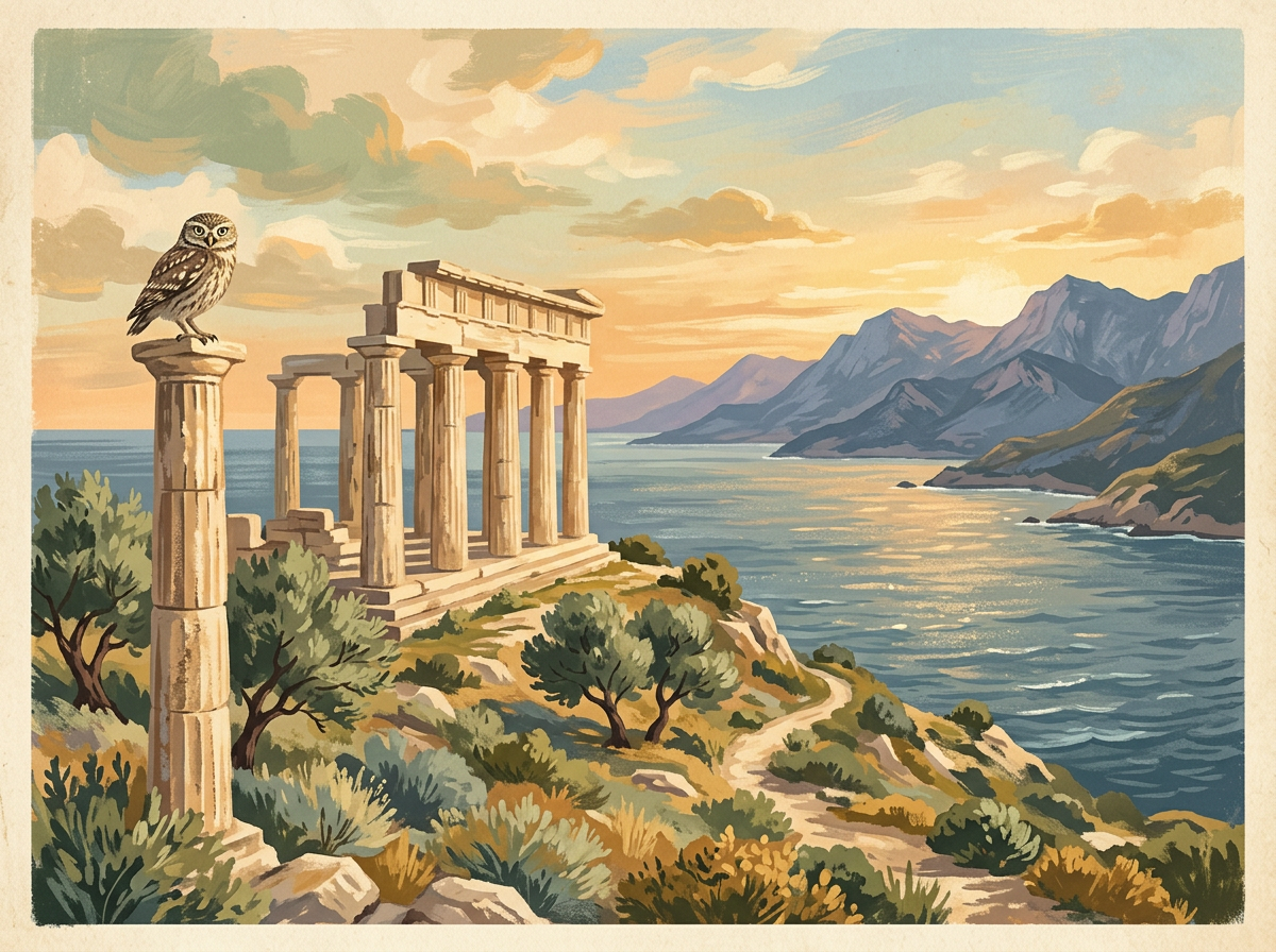 Illustration of ancient Greek temple columns on a hillside with an owl perched on top