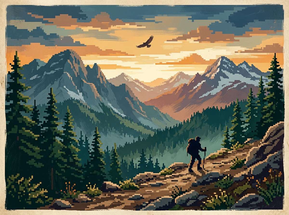 Illustration of an adventurer on a mountain trail at sunset with a hawk soaring overhead